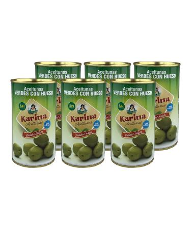 Karina Green Manzanilla Olives with Stone Tin Pack of 6 (6 x 185 g) Drained Weight