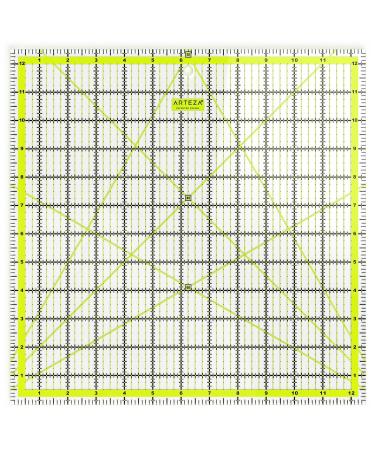 Arteza Quilting Ruler, Laser Cut Acrylic Quilters' Ruler with Patented Double Colored Grid Lines for Easy Precision Cutting, 12.5" Wide x 12.5" Long for Quilting, Sewing & Crafts, Black & Lime Green 12.5 12.5 "