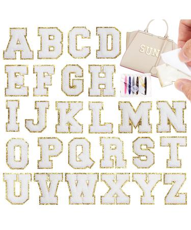 Self-Adhesive Iron on Letters Chenille Patches: 26PCS White Letter Patches Stickers Varsity Letter Patches for Clothing Jackets Backpacks Hats Repair Alphabet Embroidered Applique Preppy Patch 26pcs White Letter Chenille Patches