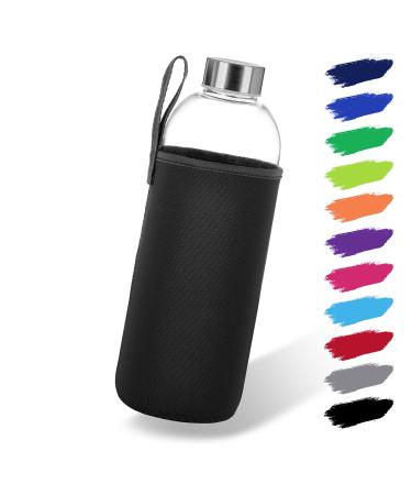 Noma glass bottle 1L with neoprene cover |Glass drinking bottle in 500ml & 1000ml with protective cover and stainless steel lid |Water bottle for sports office school & outdoor |Black 1000ml black
