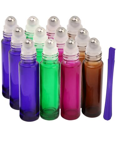 12Pcs 10ml Glass Roller Bottles with Stainless Steel Roller Ball - Refillable Essential Oil Roll on Bottles with Lid Opener Pry Tool Great for Aromatherapy Perfumes and Lip Balms by JamHooDirect