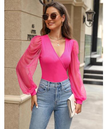 Fayenne Womens Tops Deep V Neck Cross Wrap Sexy Tops Polka Dot Mesh Long Sleeve T Shirt Casual Blouses M Hot Pink - Buy Online on SooperMarket.com