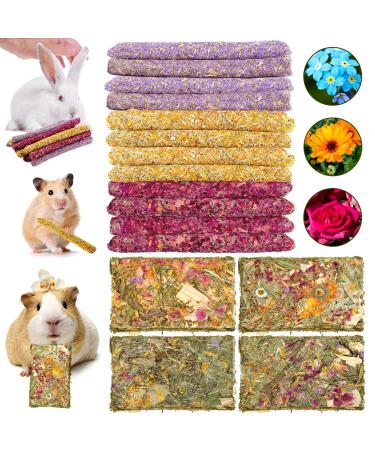 Abiz rabbits toys toy play stuff Timothy hay sticks + herbal floral treats 16 pieces for chinchilla rabbits guinea pigs hamsters dwarf rabbits snack feed molar accessories s2
