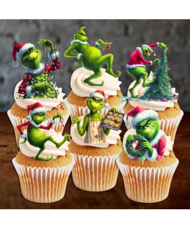 PRECUT Grinch Cupcake Toppers #1 Edible Christmas Cake Decorations Grinch Christmas Decorations Christmas Grinch Cake Topper (12)