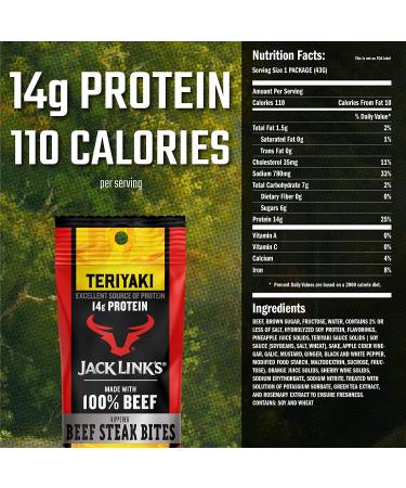 Jack Link's Teriyaki Beef Steak Jerky Bites: On-the-Go Poppable Meat Snack, 14g Protein, 110 Calories, Made with Premium Beef - 12oz Bags (Pack of 8), 1.5oz (Pack of 8) - Buy Online on SooperMarket.com