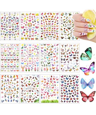 Blulu 24 Sheets Butterfly Nail Art Stickers Colorful Butterfly Flower Nail Stickers Mixed Design Self-Adhesive Nail Decals Butterfly Manicure Sticker for Women Girl Nail Decorations 12 Styles Classic
