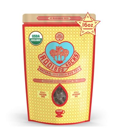 Rooibos Rocks Premium Loose Leaf Rooibos Tea - 16oz USDA Organic Naturally Caffeine-Free South African Original Red Bush Herbal Tea Bulk - Feel the Goodness, Keep Calm and boost your immuni-TEA. 1 Pound (Pack of 1)