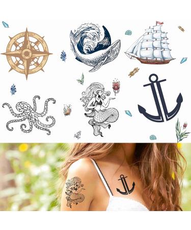 Tattoonova 6 Sheets Temporary Tattoo Women Adults Whale Octopus Party Favors Fish Mermaid Body Face Sleeve Anchors Fake Tattoos TA 2