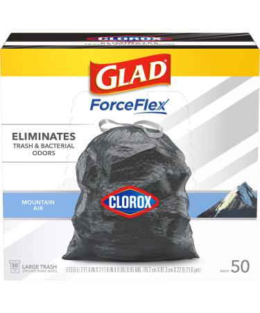 GLAD ForceFlex Large Drawstring Trash Bags, 30 Gallon Black Trash Bags for Large Kitchen Trash Can, Mountain Air Scent to Eliminate Odors, 50 Count (Package May Vary) Black 50 Count (Pack of 1)