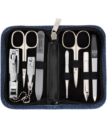 3 Swords Germany - brand quality 8 piece manicure pedicure grooming kit with glass nail file (490) BLUE - JEANS TEXTILE