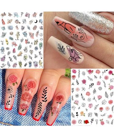 Watercolor Floral and Abstract Nail Stickers - 6 Sheets of Self-adhesive Nail Decals for Women - Flower, Butterfly, and Lady Face Designs - Buy Online on SooperMarket.com