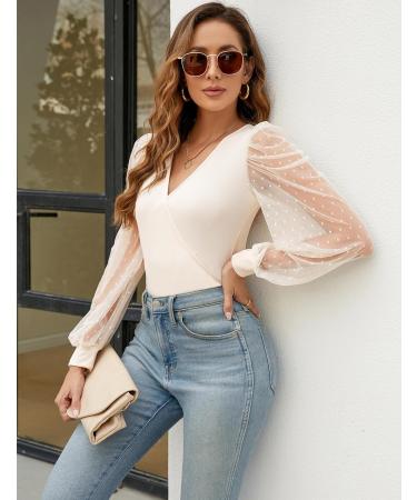 Fayenne Womens Tops Deep V Neck Cross Wrap Sexy Tops Polka Dot Mesh Long Sleeve T Shirt Casual Blouses S Beige - Buy Online on SooperMarket.com