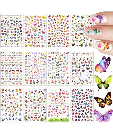 12 Sheets Butterfly Nail Art Stickers Self-Adhesive Butterfly Flower Pattern Nail Decals Colorful Mixed Design Manicure Nail Decals with 12 Styles for Women Girl Nail Decorations