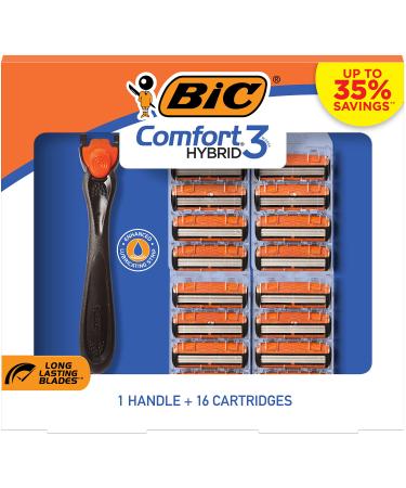 BIC Comfort 3 Hybrid Disposable Razors for Men, 1 Handle and 16 Cartridges With 3 Blades, 17 Piece Razor Kit for Men