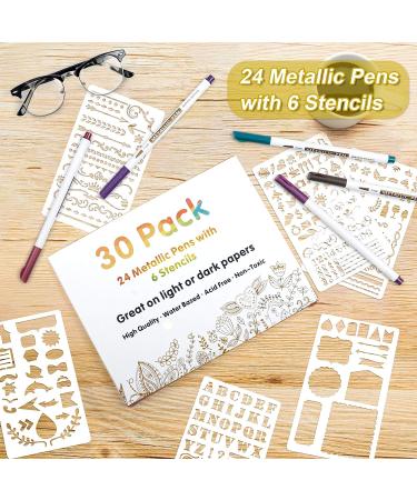 Metallic Marker Pens 30 Pack | Lineon 24 Colors Fine Tip Paint Pens + 6 Stencils | Ideal for DIY Crafts, Photo Albums, Rock Art, Card Making | Glass, Wood, and More - Buy Online on SooperMarket.com