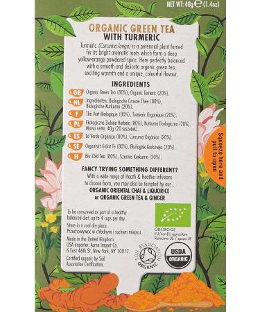 Heath & Heather Organic Green Tea & Turmeric 20 Envelope Bags 40g - Buy Online on SooperMarket.com