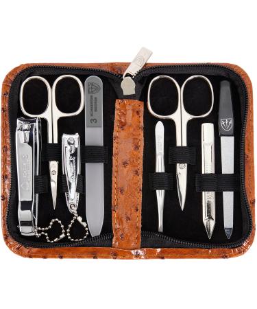 3 Swords Germany - brand quality 8 piece manicure pedicure grooming kit with glass nail file (483) COGNAC - OSTRICH IMITATION