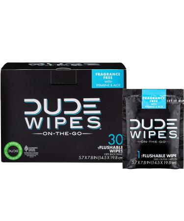 DUDE Wipes Flushable Wet Wipes 30 Wipes Individually Wrapped for Travel, Unscented Wet Wipes with Vitamin-E & Aloe, Septic and Sewer Safe