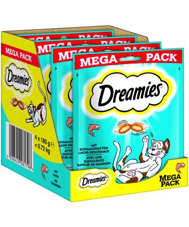 Dreamies cat snacks with salmon flavour pack of 4 4x180g crunchy on the outside and creamy on the inside cat treats salmon 720 g (1 pack)