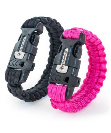 Steinbock7 Hochk nig 3-in-1 Paracord wristband 2er set-integrated in the closure: pipe flint & knife including e-book-camping outdoor wilderness 2 Set black & pink