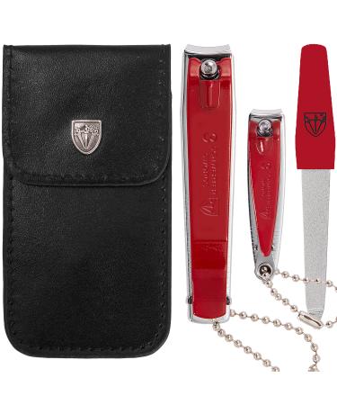 Three Swords - Nail clippers set 'CLIP' fingernail clippers and toenail clippers in faux leather case (1105) Red