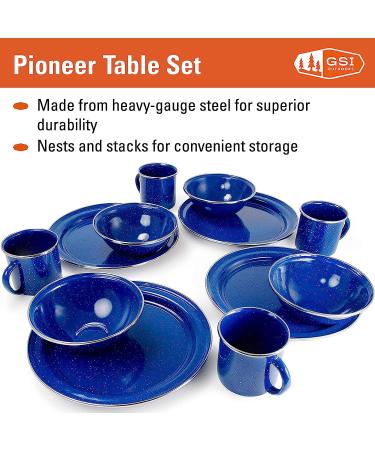 GSI Outdoors Camp Table Set for 4 - Enamel Pioneer Plates, Bowls & Coffee Mugs - Blue | Perfect for Camping, Outdoors, RV - 4 Person Set - Buy Online on SooperMarket.com