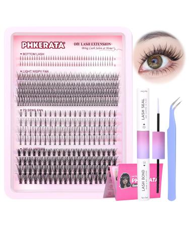 PHKERATA Individual Eyelashes DIY Eyelash Extension Kit Cluster Lashes Wispy Lash Extension Kit with Bond and Seal and Lash Tweezers 4 Types Eyelash Clusters Bottom Wispy 20D Lashes 4 Types Mix Kit