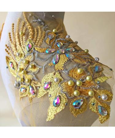 Mirror Pair Beaded Floral Lace Applique with Colorful Rhinestones, Jewelry Motif Embroidery Shoulder Patch for Party Costumes and Dance Dress in Gold - Buy Online on SooperMarket.com