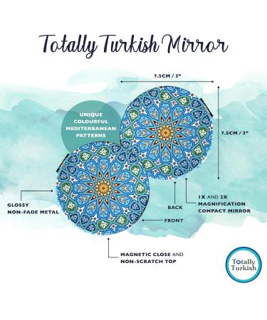 Totally Turkish Metal Compact Mirror Small Folding Round Mirror With Magnetic Close 1x & 2x Magnification For Handbags Make-Up Travel & Commutes Bright & Funky Geometric Pattern (Sky Blue) - Buy Online on SooperMarket.com