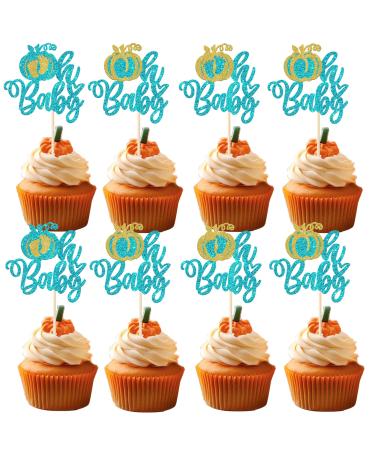 Rsstarxi 24 Pack Pumpkin Oh Baby Cupcake Toppers Glitter Gender Reveal Baby Shower Cupcake Picks Decorations for Fall Theme Thanksgiving Halloween Birthday Party Cake Decorations Blue Design 12 Blue