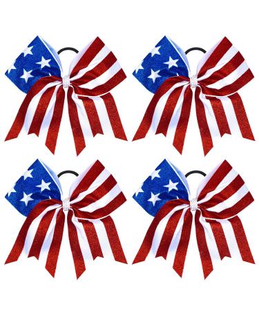 Whaline 4th of July Glitter Cheer Hair Bows 8 Inch Patriotic Cheerleader Hair Bows with Elastic Ponytail Holder Stars and Stripes Hair Tie Band Independence Day Hair Accessories for Teens  4Pcs