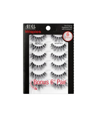 Ardell False Eyelashes Wispies 6 Pack Multipack Black Medium Volume Long Length Rounded Lash Style Crisscross Feathering Curl Invisiband Comfortable Wear Vegan-Friendly Cruelty-Free Eyelashes Black 6 Pair (Pack of 1)