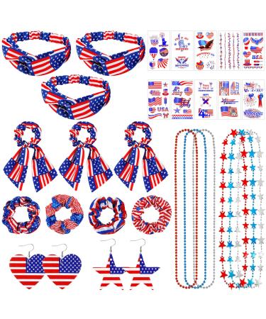 28 Pcs July 4th Accessories Kit  3 American Flag Headband Independence Day Hair Band 7 Patriotic Hair Scrunchies 2 Pairs USA Flag Star Heart Earrings 10 Sheets Temporary 6 Star Bead Necklaces