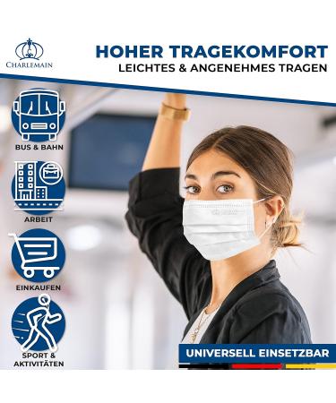 Charlemain 150x Surgical Masks - German Made EN 14683 Type IIR CE Certified BFE 99.9% Disposable 3-Layer Latex-Free Mouth and Nose Protection - 150 Pack White - Buy Online on SooperMarket.com