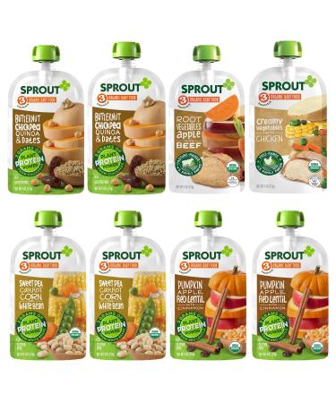 Sprout Organic Baby Food, Stage 3 Pouches, 8 Flavor Meat & Plant Protein Variety Pack, 4 Oz Purees (Pack of 12), Packaging May Vary