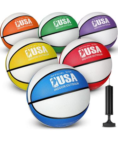 Libima 6 Pieces Official Size 5 Size 7 Basketball Indoor Outdoor Colorful Rubber Basketball Two-Color Printed Basketball with Pump for Game Practice Training Kids Youth Teens Adults