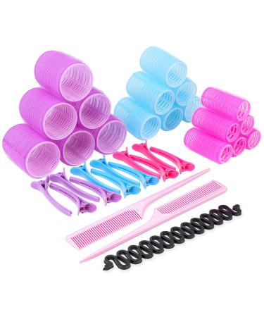 ZABLEE 33pcs Hair Rollers With Clips- 18 Self Grip Rollers -12 Duckbill Sectioning Clips -2 Comb -1 Braid Device For Hair curlers Roller for Long/short Hair Curly. Size 44mm 36mm 25mm For Adults-Kids