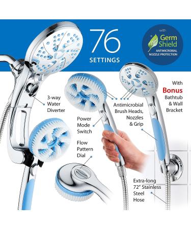 High Pressure 6-in-1 Aquassage by AquaCare - 76-mode Combo Showerhead with Hand Shower, Body Brush, Hair Brush & Arm in One! Stainless Steel Hose, Brush Holder - All-Chrome - Buy Online on SooperMarket.com