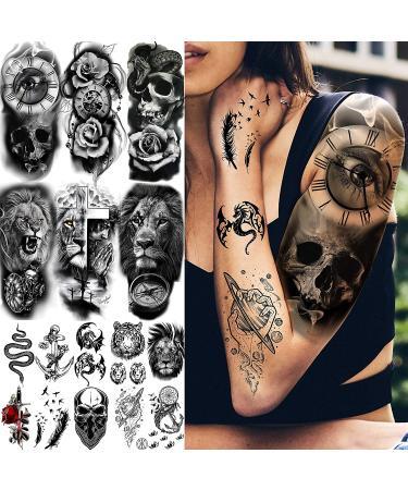 COKTAK 22 Sheets 3D Forearm Half Sleeve Temporary Tattoos - Large Tribal Lion Warrior Tiger Wolf Flower Skull Fake Tattoo Stickers for Men Women Adults - Halloween Black 3D Realistic Tatoo Rose Animals - Buy Online on SooperMarket.com