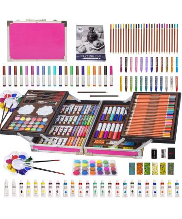 KINSPORY Art Supplies Case 139 Pack Arts Crafts Painting Coloring Drawing & Art Set with Sketch Pad Deluxe Portable Double Layers Aluminum Snakeskin Style Gift Box for Kids Teens Adults (Pink)