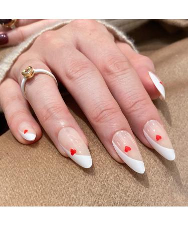 NOVO OVO Medium Long Oval Stiletto Nude Gradient White French Tip with Red Heart Thick False Fake Press on Nails I DO Classic Elegant Cute Stick on Acrylic Kit with Glue for Valentine's Spring