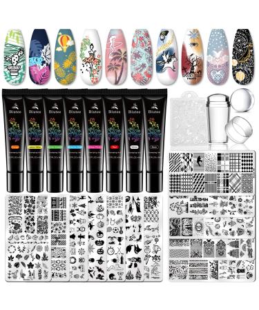 Bute nail Stamping Set Nail Art Stamping Set with 8 colors Stamping gel and 12 nail stamp template +1 PCs silicone nail stamp uv stamping gel platinum set 12 pieces +8 colors
