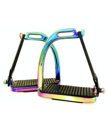 ExtremE PEACOCK RAINBOW Gloss Fillis Safety STIRRUPS Horse Riding S/Steel With Black Treads 4" & 4.75" Rainbow 4.75 Inches