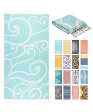 FESHKA Sand Free Turkish Beach Towel (37 x 67) Quick Dry Bath Towel, Oversized Beach Blanket, Lightweight for Travel - Made with 100% Organic Turkish Cotton - Summer Waves (Turquoise) 04 - Turquoise