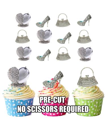 Precut Novelty Bling Silver Handbag Shoe and Necklace Mix - 36 Cup Cake Toppers - Edible Stand Up Decorations
