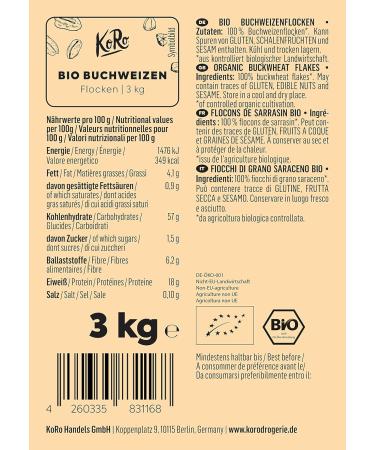 KoRo Organic Buckwheat Flakes 3kg - 100% Additive-Free Controlled Organic Quality - International Shipping Available - Buy Online on SooperMarket.com