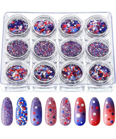 12 Boxes Independence Day Nail Glitter 4th of July Nail Art Star Sequins Holographic Red Blue Sliver Mixed Star Hexagon Circles Nail Sequins Confetti 3D Nail Art for Women Girls Makeup Nail Decoration