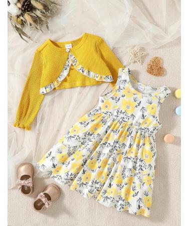 Puseky Toddler Girl Floral Print Dress and Cardigan Set, Yellow, 4-5 Years - Buy Online on SooperMarket.com