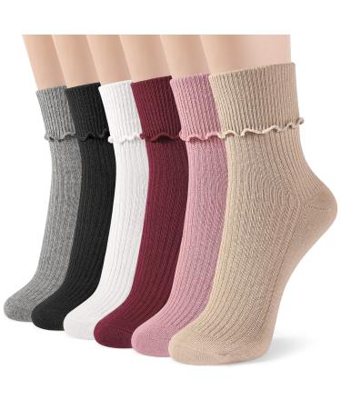 BOOPH 6 Pairs Girls Ruffle Socks Baby Toddlers Turn Cuff Slouch Crew Socks for Kids Multi3 7-10 Years
