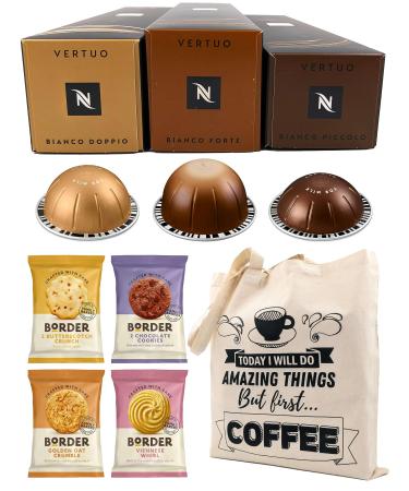 Nespresso Vertuo Coffee Capsules - Bianco Doppio Forte Piccolo - 3 Boxes (30 Pods) Bundled with Border Biscuits Selection & Giftable Tote Bag